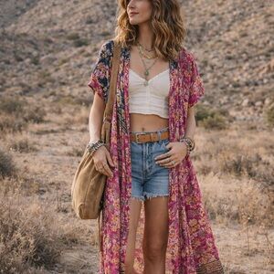 Indie Ella floral silk open front kimono